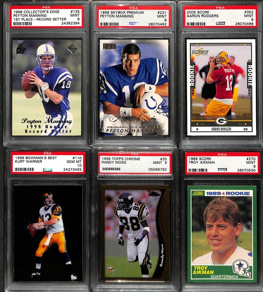 Huge Lot of (20) PSA Graded Football Rookies w. P. Manning, A. Rodgers, Warner, Moss, Aikman, B. Sanders, and Others